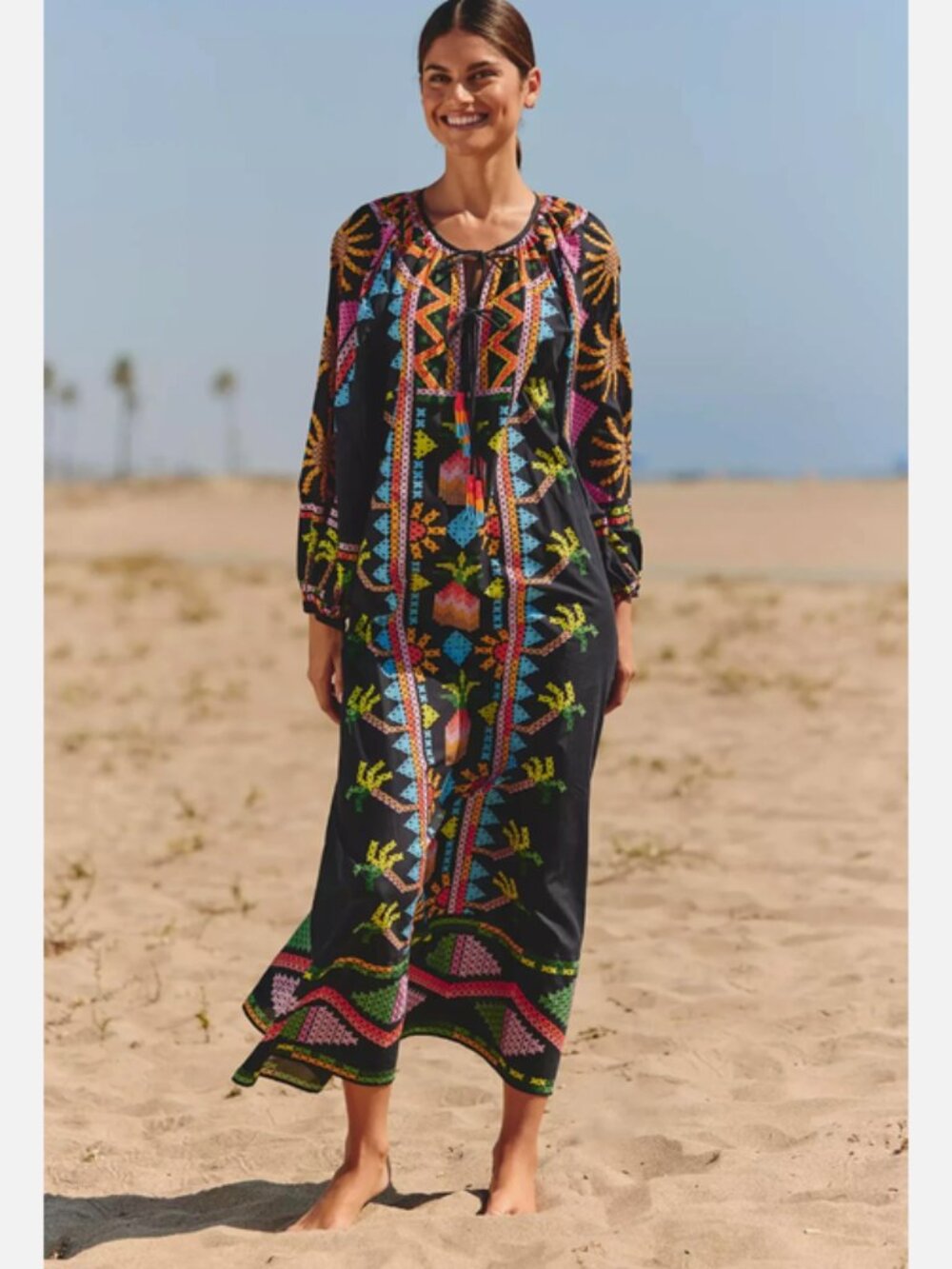 Farm Rio x Anthropologie Long-Sleeve Tie-Front Maxi Dress Pineapple L NWT - Picture 3 of 6